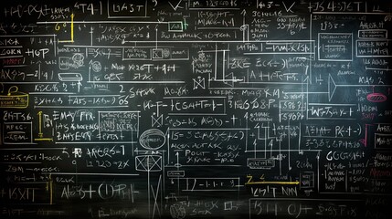 A chalkboard filled with notes and equations waiting to be solved - obrazy, fototapety, plakaty