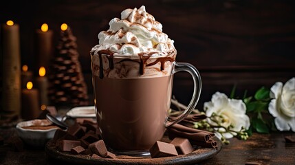 A cup of hot cocoa with whipped cream and marshmallows