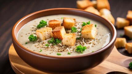 A hot bowl of soup with croutons