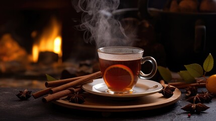 A cup of steaming hot cider with a cinnamon stick