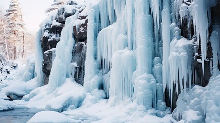 A frozen waterfall with icicles hanging down - obrazy, fototapety, plakaty