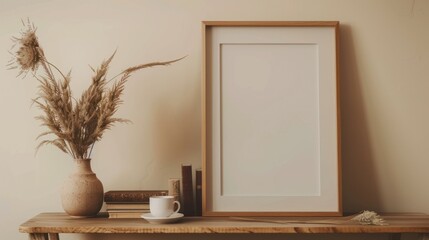 Empty picture frame mockup on wall, tabletop, interior design