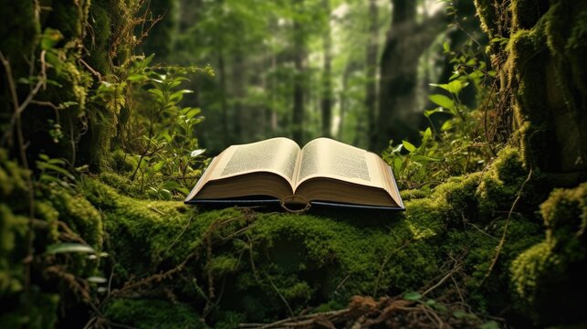 Literary forest enchantment setting up book photoshoots in lush forests blending the magic of nature with the enchantment of books