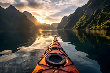 yellow kayak boat floats down the river in the fjords of Norway towards the sunset. view from myself - obrazy, fototapety, plakaty