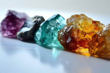 set of different types of colored precious faceted crystals and stones. geology and minerals