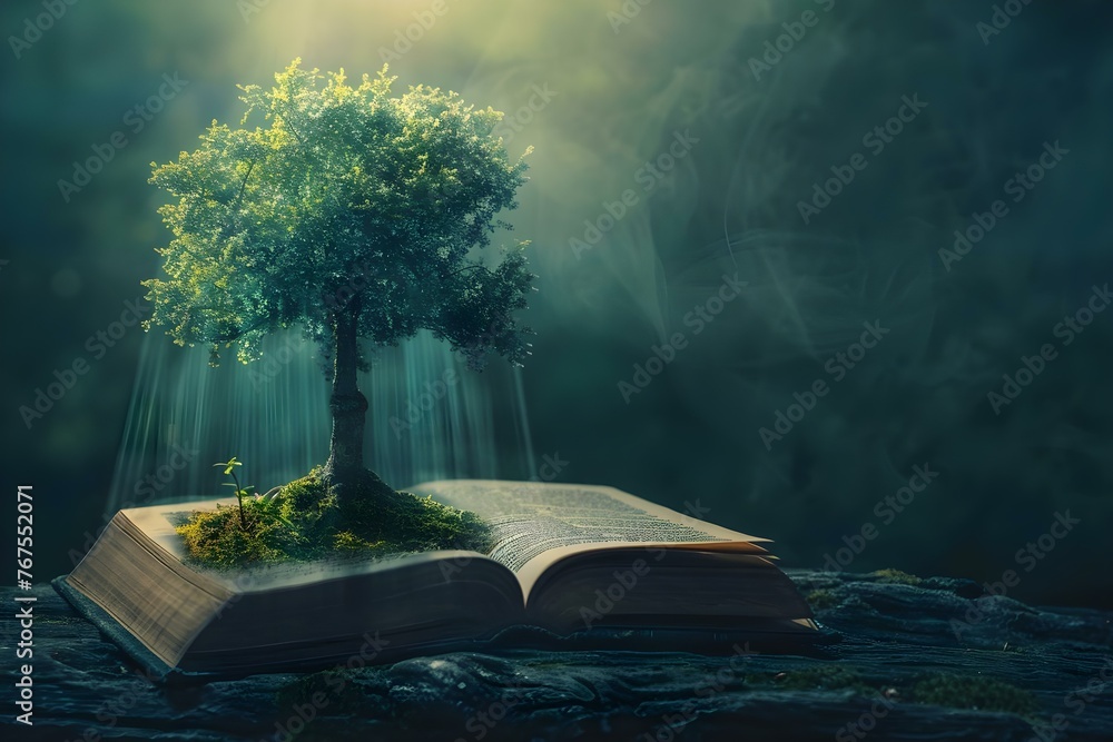 Poster knowledge and learning: a tree growing out of an open book with a beam of light. concept books, grow
