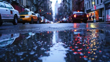 Foto op Aluminium A city street glistens with rainwater as a storm passes through leaving behind a patchwork of reflections in the puddles below. © Justlight