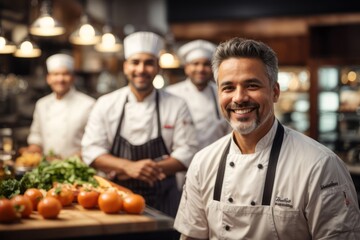 Team of smiling chefs in restaurant kitchen