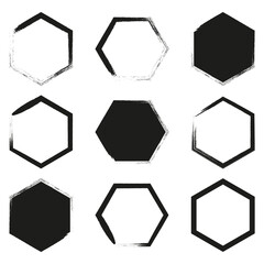 Set of grunge hexagon icons. Distressed geometric shapes. Abstract polygon symbols. Textured design elements. Vector illustration. EPS 10.