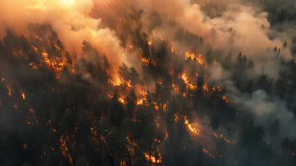 A fire is burning in a forest, with smoke and flames visible in the air. The scene is dark and...