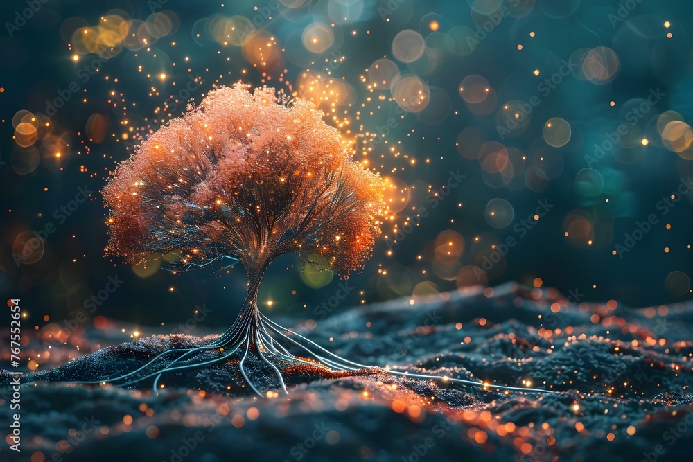 Poster vibrant tree design symbolizes growth and knowledge in artificial intelligence neural network concep