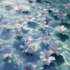 Delicate flowers floating in a pool of water, radiating a sense of euphoria and bliss , Watercolor tone, pastel, 3d animator - obrazy, fototapety, plakaty