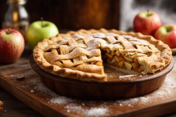 homemade sweet apple pie with sprinkled sugar on wooden board, delicious restaurant food menu