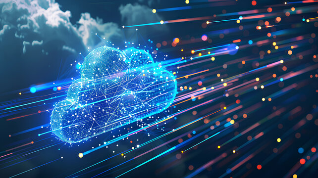 A cloud of data is projected onto a cityscape, with the city lights shining through the cloud. Concept of a vast amount of information being stored and processed in the digital world. big data