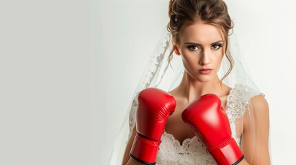 Bride wearing wedding dress and red boxing gloves isolated on white background, concept of marriage is a war, complicated human relationships. - obrazy, fototapety, plakaty