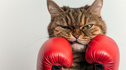 Funny tabby cat with angry face wearing big red boxing gloves isolated on white background, adorable funny kitten battle, with copy space.