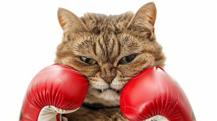 Funny tabby cat with angry face wearing big red boxing gloves isolated on white background, adorable funny kitten battle, with copy space.