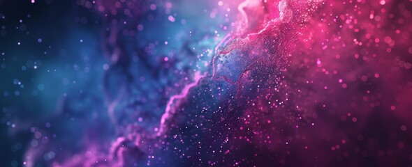 Astral collision of blue and magenta hues, speckled with stars, creates an otherworldly abstract cosmic background.