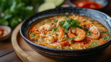 Bowl of Soup With Shrimp and Garnishes