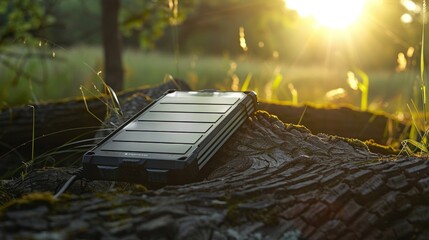 A closeup shot of a solarpowered device charging in the sunlight highlighting the convenience and portability of renewable energy. . AI generation. - obrazy, fototapety, plakaty