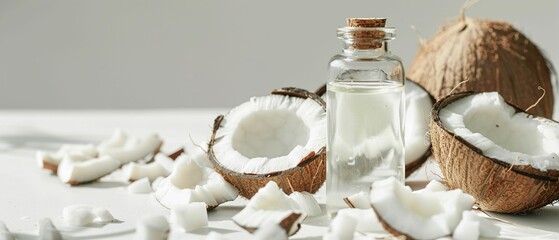 A bottle of clear coconut oil and halved coconuts against a white background
