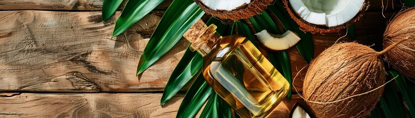 A bottle of coconut oil alongside fresh coconuts on a rustic wooden table with tropical foliage. - obrazy, fototapety, plakaty