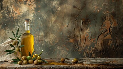 A bottle of olive oil and fresh olives are set against a rustic backdrop with a Mediterranean feel.