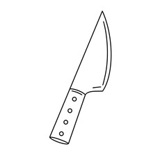 A knife is drawn in a black and white drawing. The knife is long and thin with a pointed tip