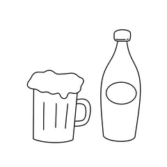 A bottle of beer and a mug of beer. The image is of a cartoon style