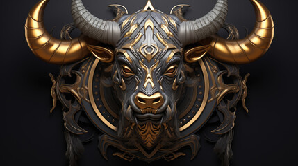 3d metallic golden buffalo, bull head on black beautiful texture background. Beautiful 3D print design for interior, wall, wallpaper, canvas. Video game logo