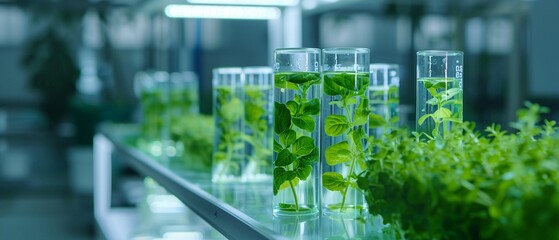 A Green biotechnology research with plant samples in flasks in a modern laboratory greenhouse. - obrazy, fototapety, plakaty