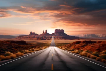 Wandcirkels tuinposter road outside the city against the backdrop of a mountain landscape at sunset © photosaint