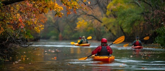 A group of friends on a kayaking adventure enjoy the serene waters of a river surrounded by the colorful foliage of autumn. - obrazy, fototapety, plakaty