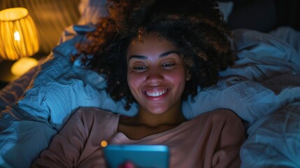 A Happy young woman relaxing in bed with her smartphone