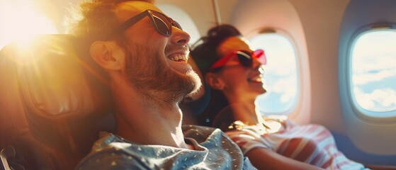 A happy couple wearing sunglasses snuggles in their seats on a sunny airplane flight.