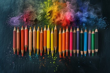 A rainbow of colored pencils lies with pigment dust against a dark blackboard background. - obrazy, fototapety, plakaty