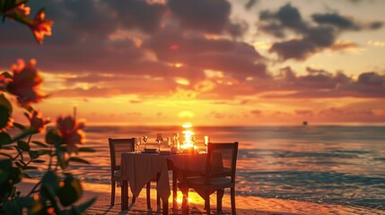 A Romantic beachside dining table set elegantly against a backdrop of a breathtaking sunset. - obrazy, fototapety, plakaty