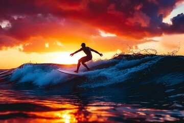A Silhouette of a surfer riding a wave during a breathtaking sunset on the ocean. - obrazy, fototapety, plakaty