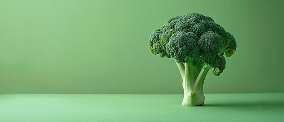 A vibrant broccoli head stands alone against a green background - obrazy, fototapety, plakaty