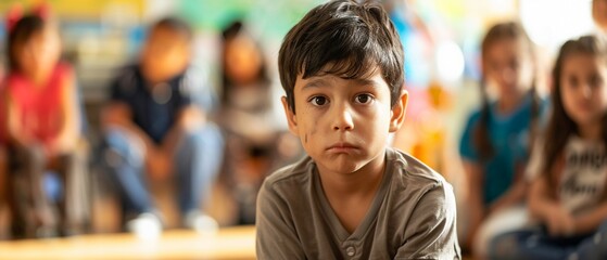 A young boy sits alone looking sad while other children are in the background at school.