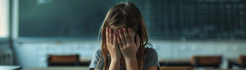 Fototapeta premium A young girl sits distraught in a classroom setting covering her face with her hands