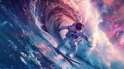 An astronaut in a spacesuit surfs on a surreal cosmic wave