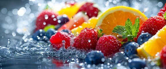 An assortment of fresh berries and citrus fruits beautifully arranged with vibrant water splashes...