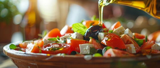 An Olive oil is being drizzled over a fresh Greek salad - obrazy, fototapety, plakaty