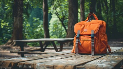 An orange backpack rests on a wooden table in an outdoor setting