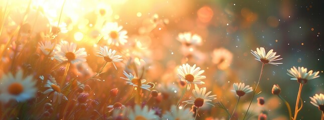 Impressionist Spring Scene: Warm Sunlit Meadow Abloom with White Daisies, Ethereal Bokeh Background