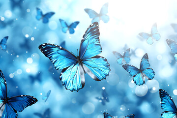 many flying blue butterflies on a natural background. insects. Flora and fauna