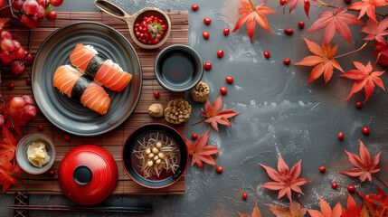 Traditional cultural Japanese famous items like sushi, matcha tea and red maple leaves flat lay.