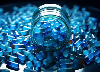 set of different medical capsules with vitamins and medicines in jars. pharmacology and medicine