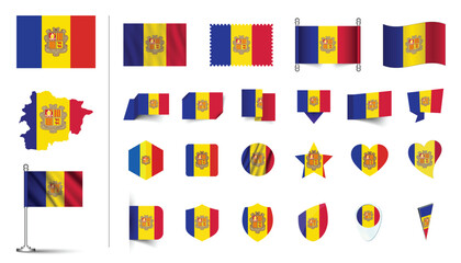 set of Andorra flag, flat Icon set vector illustration. collection of national symbols on various objects and state signs. flag button, waving, 3d rendering symbols, and flag on map symbols - obrazy, fototapety, plakaty